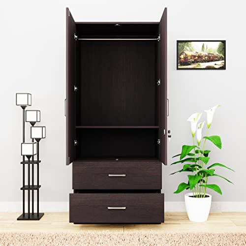 Image of VIKI Wardrobe | Wooden Almirah for Clothes,Door for Bedroom, 2 Door Wardrobe with Drawer & Hanging Space (Dark Wenge - 40D x 80W x 180H) | 1 Year Warranty | Free Assembly