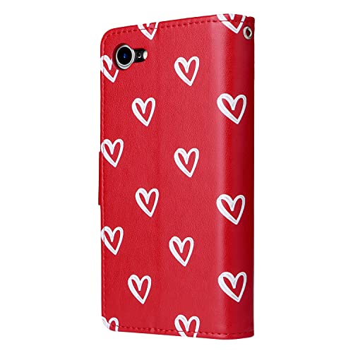 UEEBAI Flip Case for iPhone SE 2022 5G/7/8/SE 2020, Premium PU Leather Wallet Case with Magnetic Handbag Zipper Pocket, Card Slots, Wrist Strap - Red Heart