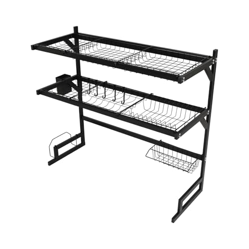 Image of Epicasa Premium Over Sink Dish Drying Rack, 2 Tier Stainless Steel Dish Organizer with Cutlery Basket & Hooks, Multi Storage & Space Saving Kitchen Organizer, 65 cm | Black