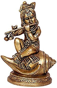 Astadhatu Made Shri Krishna Sitting on Conch/Bal Krishna Sitting on Shankh/Shri Krishna with Shankh