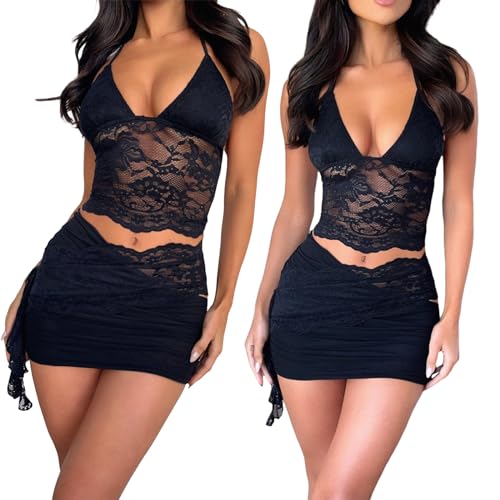 Siyova Women 2 Piece Skirt Sets Sexy Summer Outfits Sheer Lace Flower Cami Tops + Asymmetric Ruched Mini Short Skirt Suits Mini Dresses Party Club (Black, S) - Image 3