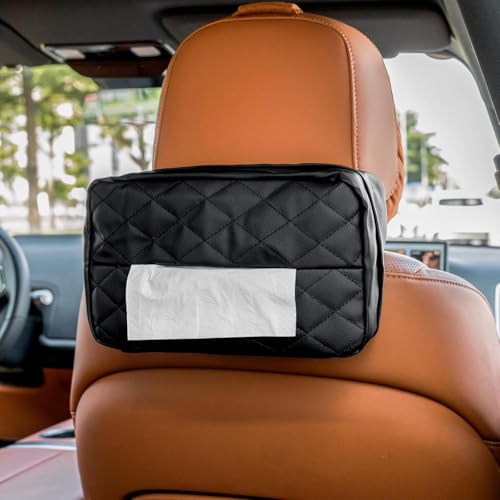 NganSuRong Car Tissue Holder for 120 Standard Tissue,Extra Large Tissue Box Cover Rectangle in Car,PU Leather Backseat Napkin Holder Organizer Storage (Black A)