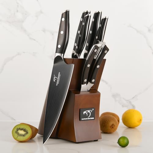 Image of NANFANG BROTHERS 7-Piece Damascus Knife Set with VG10 Core Blades, 67-Layer Damascus Steel, Black Titanium Coated Kitchen Knives for Polished Ebony Wood Handle, Ultra Sharp Chef Knife Set