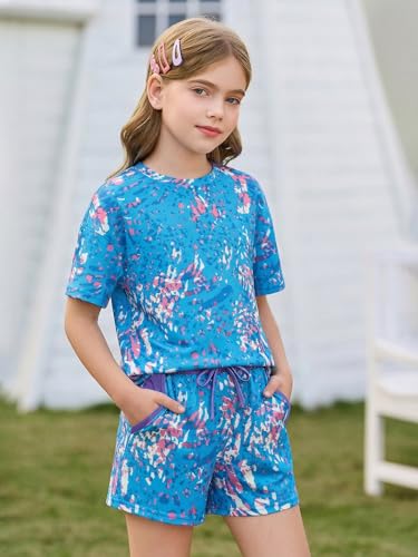 Image of Haloumoning Girls Summer 2 Piece Outfits Kids Oversized T Shirts and Shorts Clothing Sets 5-14 Years