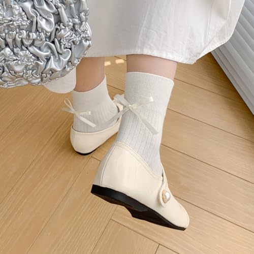 Image of Women's Bow Crew Socks - Cotton Sweet Lolita Dress Breathable Soft Girls' Socks - 3 Pairs