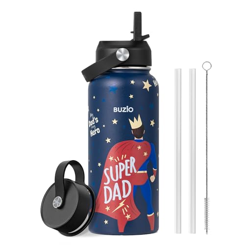 Gifts for Dad, Best Fathers Birthday Gift BUZIO 32oz Insulated Water Bottle with Straw Lid from Daughter Stainless Steel Thermo Flask, Cold for 48hrs Double Wall Leak Proof Dad Cup, Hero