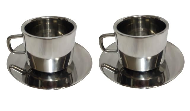 Dynore Stainless Steel 6 Tea Cup with 6 Saucer Plate Serving Set - Image 2 thumbnail