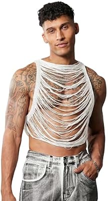 OYOANGLE Men's Hollow Out Ripped Sleeveless See Through Vest Crop Tank Tops