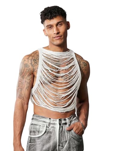 OYOANGLE Men's Hollow Out Ripped Sweater Vest Sleeveless See Through Crop Tank Tops Party Clubwear White Small