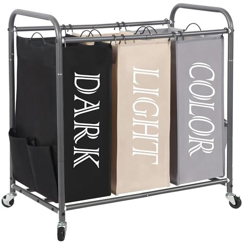 STORAGE MANIAC Laundry Sorter, Laundry Divider with Side Pockets, Multi Laundry Separator Hamper with Removable Bags and Rolling Lockable Wheels, Laundry Organizer Hamper, 3 Section Multicolored