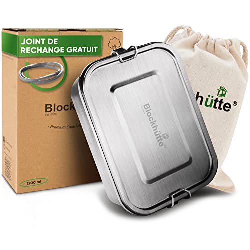 Blockhütte Boîte à lunch premium en acier inoxydable I 1200ml I Pour enfants avec compartiments & joint de rechange I La lunch box etanche avec séparateur ne fuit pas I Petite boîte à goûter