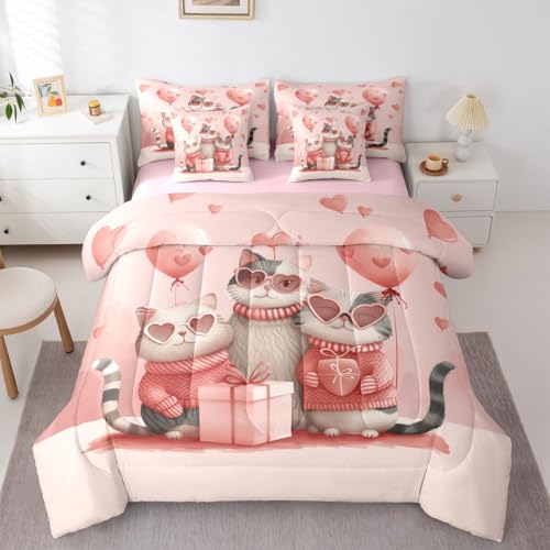 Image of Lovely Cats Comforter Set Full 7 Pcs Cute Cartoon Kitty Pink Heart Balloon Bedding Sets Valentine's Day Romantic Love All Season Comforter Flat Sheet Fitted Sheet 2 Pillowcases 2 Throw Pillow Covers