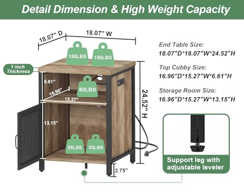 FATORRI End Table with Storage, Rustic Side Table for Living Room, Narrow Wood and Metal Bedside Tables with Door (Rustic Oak) - Thumbnail 2