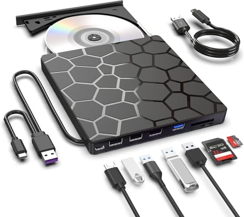 ASHDOL 8 in 1 External CD/DVD Drive,USB 3.0 and Type-C Disc Burner Player Reader Writer,Slim and Portable CD DVD +/-RW Optical Drive for PC Laptop Desktop MacBook Mac Windows Linux OS Apple