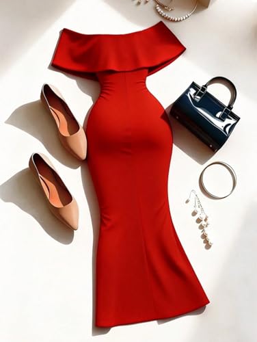 SHEIN Women Dress - Red Off-Shoulder Midi Gown with High Slit Hem - Elegant Fitted Party Dress for Wedding, Engagement, and Birthday - Sleeveless Ruched Cocktail Dress with Bow Detail (L)