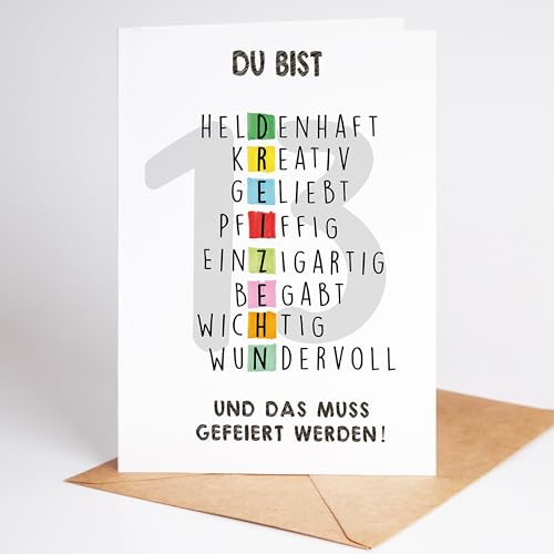 Lovely Cards - Rätselkarte bunt - 13. Geburtstag Mädchen Jungen - Geschenke Teenager - Geschenke Mädchen 13 jahre - Birthday Card A6 (13 Jahre) Geburtstagskarte Sohn Tochter Enkel