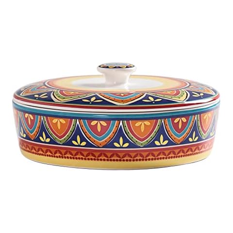 Bico Tunisian Ceramic 8.8 inch Tortilla Warmer, Tortilla Server with Lid, Taco Holder for Mexican Fiesta Party, Taco Tuesday, Cinco De Mayo, Microwave and Dishwasher Safe Cover