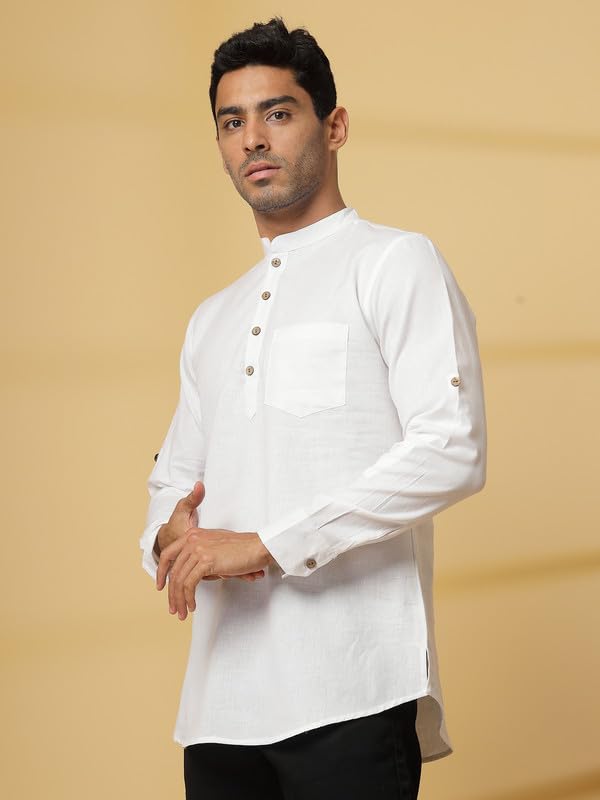 Image of Vastraa Fusion Men's Handloom Weaving Pure Cotton Short Kurta, Round Collar, Full Sleeves,Button Kurta, Ethnic Wear