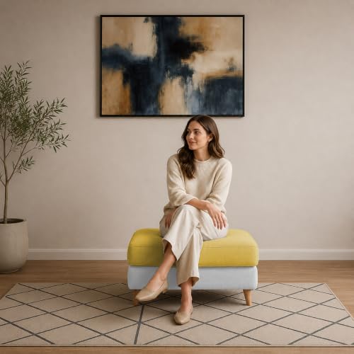 Image of Atticus RHS 4 Seater L Shape Sofa Set with Ottoman for Living Room (Yellow Grey Fabric) Premium Fabric Sofa Set