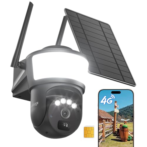 4G LTE Camara Vigilancia Exterior con Tarjeta SIM, 2K HD Camara Vigilancia sin WiFi con Panel Solar, Detección PIR, 360°Cámara sin Cables con Foco, Visión Nocturna a Color, Audio Bidireccional