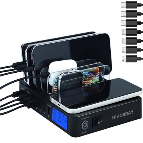 HIHOBDAY 9-in-1 Fast Charging Station PD20W QC3.0, QI Wirelss Charging Station for Multiple Devices with LCD Display Compatible for iPhone iPad Samsung Huawei Series and More (Black)