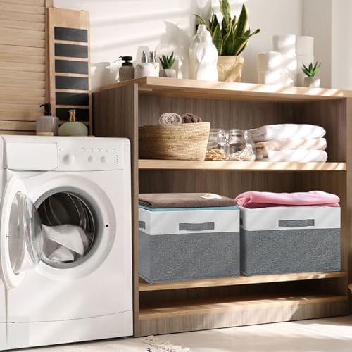 GhvyenntteS Large Fabric Storage Bins with 3 Handles, 15x11x9.6 Inch Storage Baskets for Shelves, Foldable Closet Storage Bins for Shelves, Closet Organizers and Storage Boxes 3 Pack