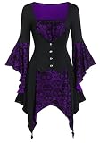 Women’s Skull Dress Flare Sleeve Irregular Tops Goth Medieval Lace Patchwork Mini Dress Retro A-Line Lace Up Back T-Shirts Dress Flowy Halloween Night Out Renaissance Clothes C-Purple