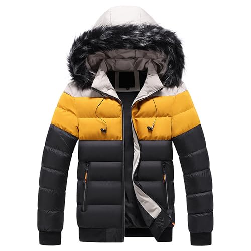 Men's Trendy Puffer Waterproof Winter Parka Color Block Fur Hood Jakcet Windproof Winter Ski Down Coat