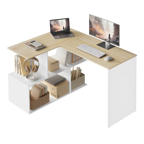 WOLTU Bureau d'angle avec Rangement, 120x100cm, Table d'Ordinateur en L avec Étagères Ouvertes, Blanc + Chêne Clair