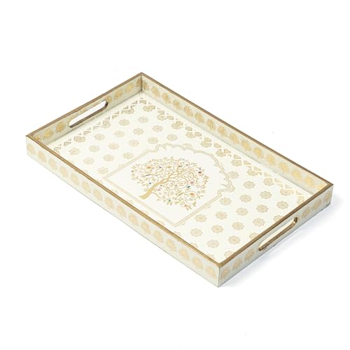 Image of Waterproof Serving Tray Set of 3 (16x10,14x8,12x6 Inch) | MDF Wooden Tea & Snack Trays with Handles | Decorative Multipurpose Breakfast & Coffee Table Trays for Kitchen & Home(Setof3WP-TreeofLife)