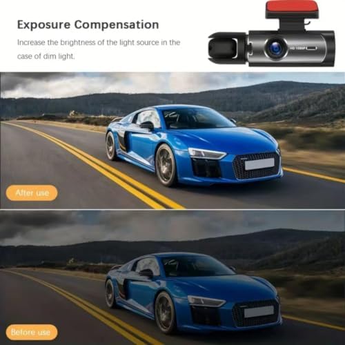 Image showing 'Exposure Compensation' with two views of a car on a road, one labeled 'After use' (brighter) and one 'Before use' (dimmer).
