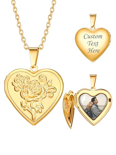 Custom4U Collier Couple Photo Personnalisé Coeur Or Pendentif Porte Photo Cuivre Médaillon Coeur Gravé Fleur Chaine 50+5 cm