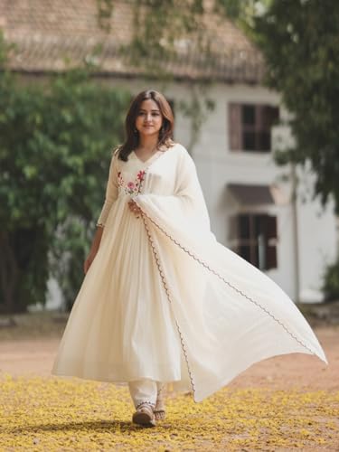 Image of ANNI Designer Women Viscose Blend Anarkali Embroidered Kurta Pant Dupatta Set | Ladies Ethnic Kurti Bottom Outfit with Floral Detail | Indian Wear for Office, Casual, Festive Use