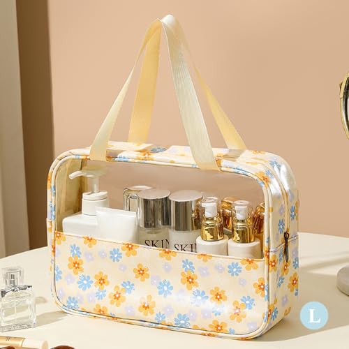 Travel Toiletry Bag, Clear Makeup Bags with Handles, Floral Pattern Shower Bag, 3 Pcs Waterproof Toiletry Bag Set for Camp, Travel, Gym (Yellow, Floral)3