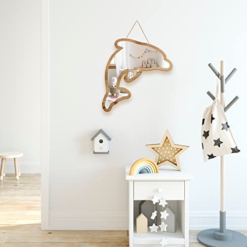 Cute Dolphin Patterned Silver Natural Wood Framed Acrylic To Hanging Wall Mirror Decorative Stickers Baby Kids Teen Room Nursery Bathroom Bedroom Livingroom Decoration #TOP7