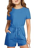 Haloumoning Girls Romper Short Sleeve Drawstring Summer Outfits Kids Casual Short Jumpsuit with Pockets 5-14 Years