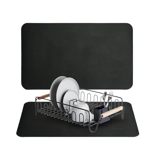 Dish Drying Mat for Kitchen Counter | Coffee Bar Mat for Countertops | Heat Resistant Drainer Mat with Non-Slip Rubber Backed | Hide Stain Kitchen Absorbent Draining Mat | Black, 12