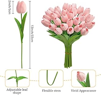 Ouddy Decor 30 Pcs Pink Tulips Artificial Flowers Real Touch PU Faux Flowers Fake Tulips Stems for Spring Summer Bouquet Floral Room Table Party Wedding Easter Mothers Gifts Home Decorations