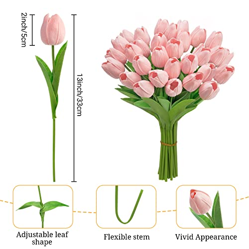 Ouddy Decor 30 Pcs Pink Tulips Artificial Flowers Real Touch PU Faux Flowers Fake Tulips Stems for Spring Summer Bouquet Floral Room Table Party Wedding Easter Mothers Gifts Home Decorations