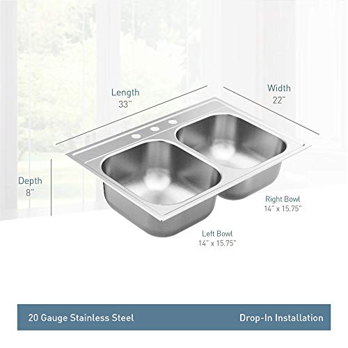 Moen Gs202133Q 2000 Series 33-Inch 20 Gauge Drop-In Double Bowl Stainless Steel Kitchen Sink, Featuring Quickmount #TOP2