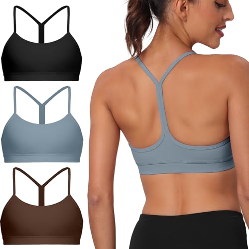 Image of Raxnode 3 Pack Women's Y-Back Sports Bra, Thin Spaghetti Strap Yoga Bralette with Removable Cups, Low Impact Wireless Bra