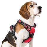rabbitgoo Harnais Chien avec 3 Boucles, Facile à Mettre et à Enlever, Harnais Anti Traction pour Chien avec Poignée et Attache Devant, Réglable, Réfléchissant, Arnet pour Chiens Moyen, Rouge, M