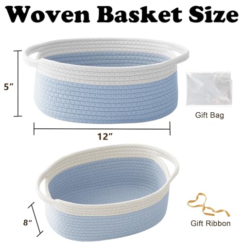 Image of Woven Rope Basket - Baby Gift Basket with Bag & Ribbon, White&Blue