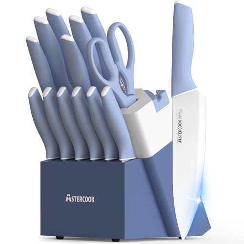 Astercook Kitchen Knife Set with Block and Sharpener 15 Piece German High Carbon Stainless Steel Knives Sharp Blade Dishwasher Safe Deba Knives with Ergonomic Handle, Delicate Blue