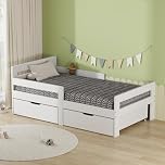 AVC Designs Junior Wooden Bed Toddler Solid Pine Wood Modern Children Kids Junior Bed Frame White With Storage