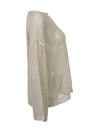 Women Long Sleeve Knit Top Hollow Out Crochet Sweater Bathing Suit Fishnet Pullovers 90S E-Girl Streetwear Shirt (White, L) #TOP1
