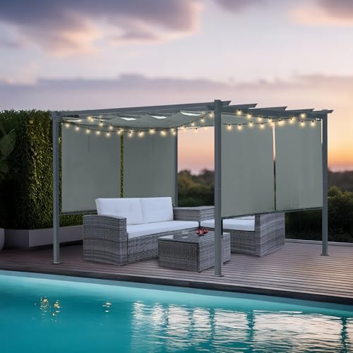 Masyardi 12 x 12 Ft Outdoor Aluminum Pergola, Retractable Canopy & 2 Sides Shades for Patio Backyard Garden Deck