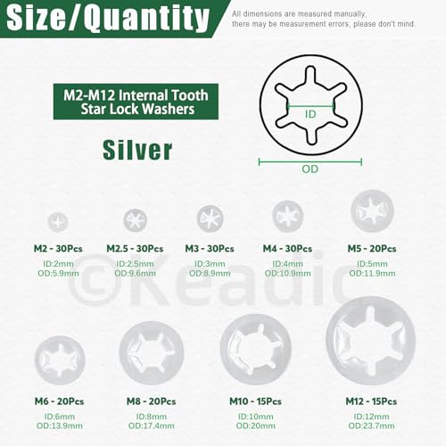 Keadic 211Pcs M2 M2.5 M3 M4 M5 M6 M8 M10 M12 Innenzahn Unterlegscheiben Sortiment Kit, 304 Edelstahl externe Star Lock Unterlegscheibe, Halteklammern Push-Muttern für Wellen