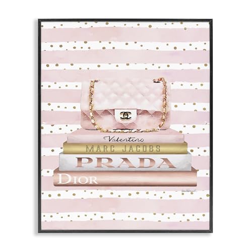 Pink Purse Bookstack over Stripes, 11 x 14 Inch Framed Giclée Print