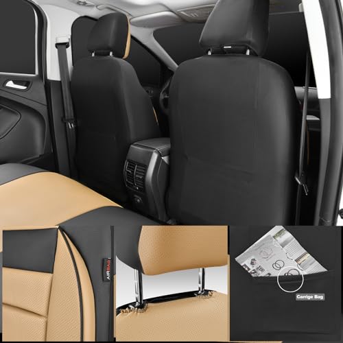 Image of CAR PASS Leather Seat Covers Full Set Universal Water Resistant 3D Foam Back Support, Luxury Comfort Automotive 5 Seat Covers All Season Fit for SUV,Sedan,Van, Airbag Compatible Elegance(Beige Black)